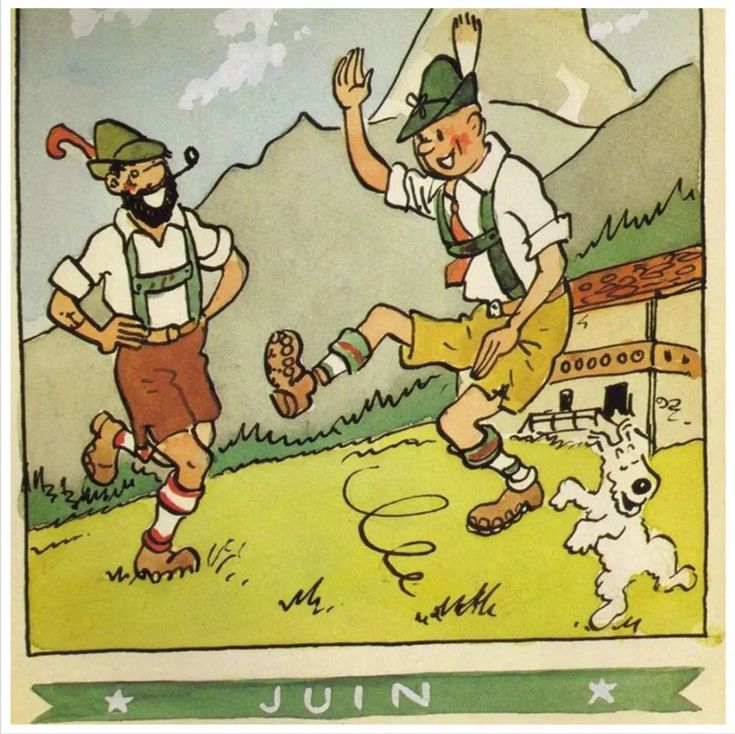 an illustration of two men playing baseball with a dog in the grass and mountains behind them