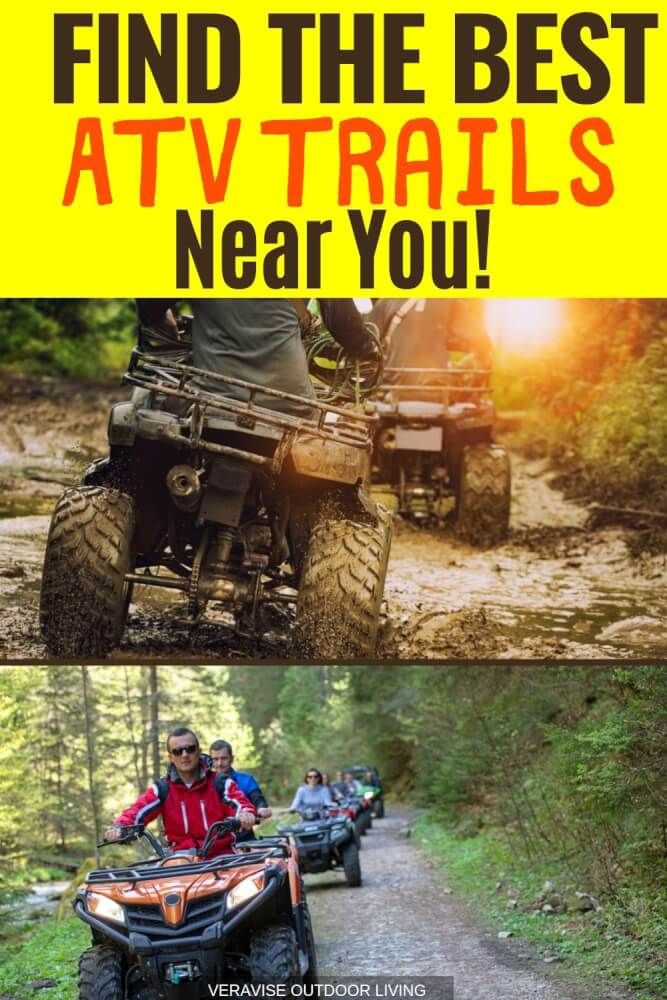 two people riding four wheelers on a trail with the words find the best atv trails near