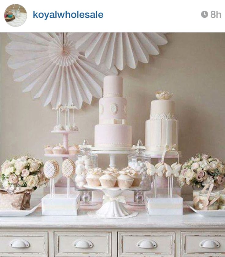 a table topped with lots of cakes and cupcakes