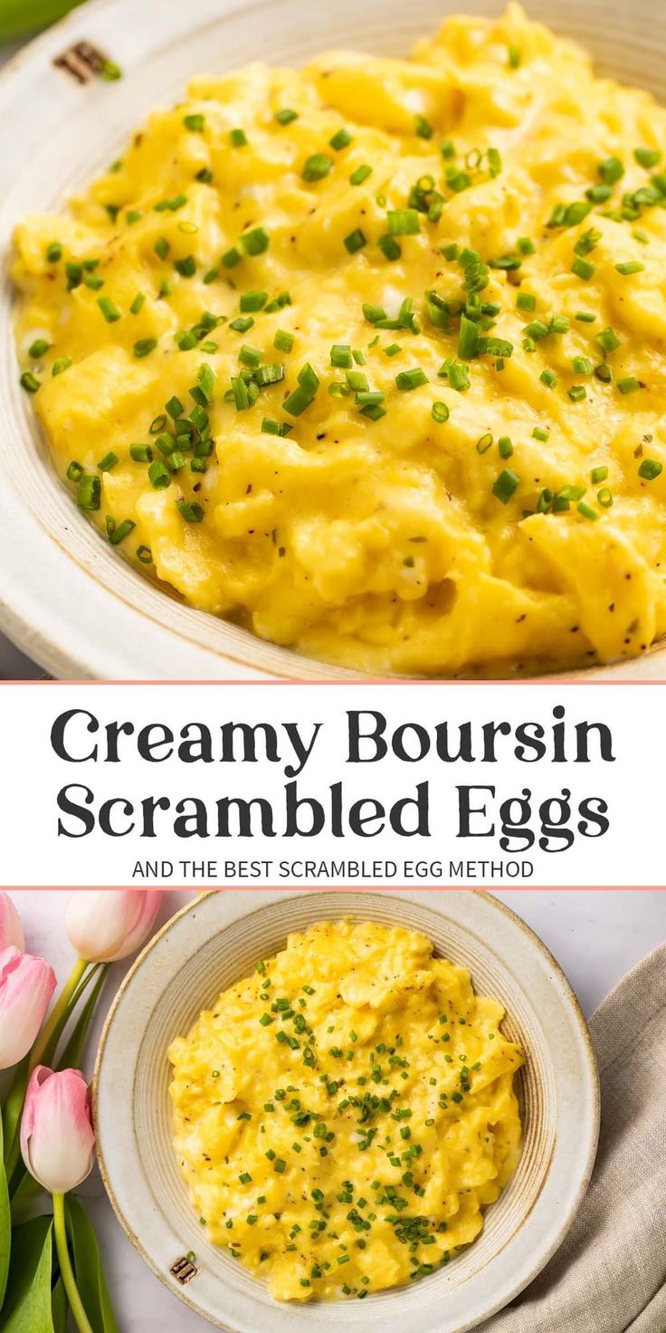 creamy boursin scrambled eggs in a white bowl with green onions on the side