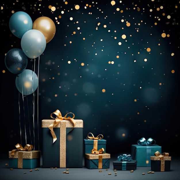 gift boxes and balloons in front of a blue background with gold confetti