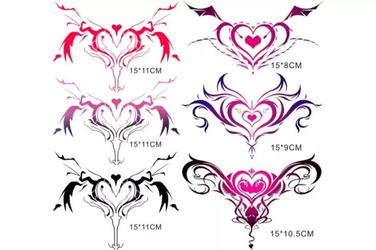 four different heart shaped tattoos on white background