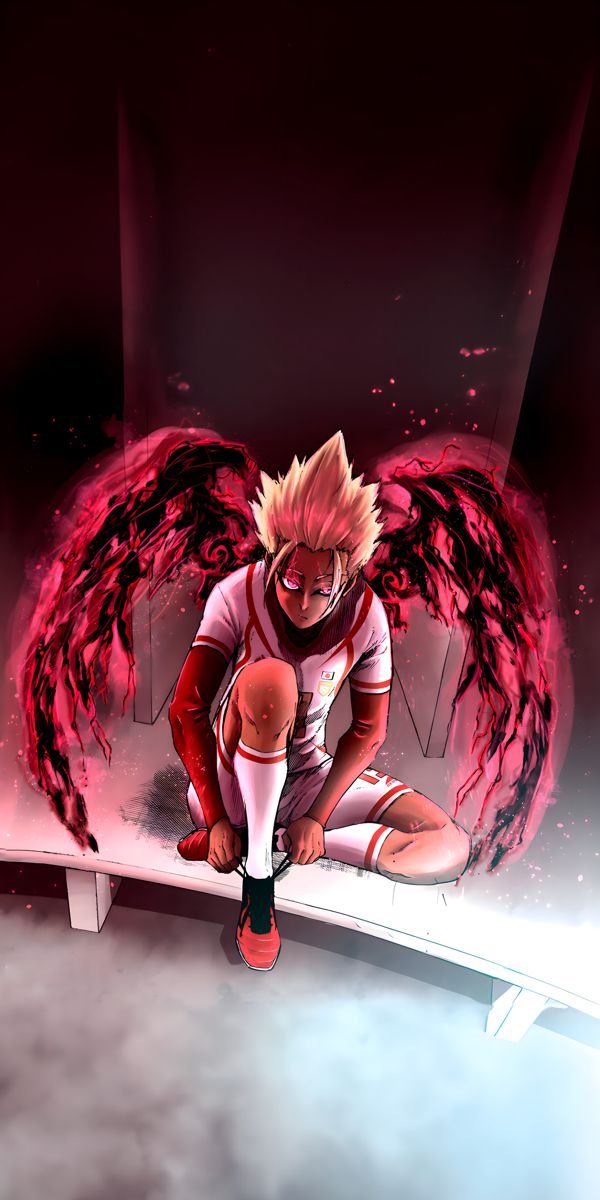 a man sitting on top of a bench next to an angel wings above his head