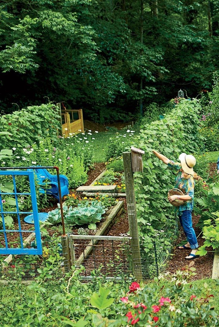 a woman standing in the middle of a garden filled with lots of plants and vegetables