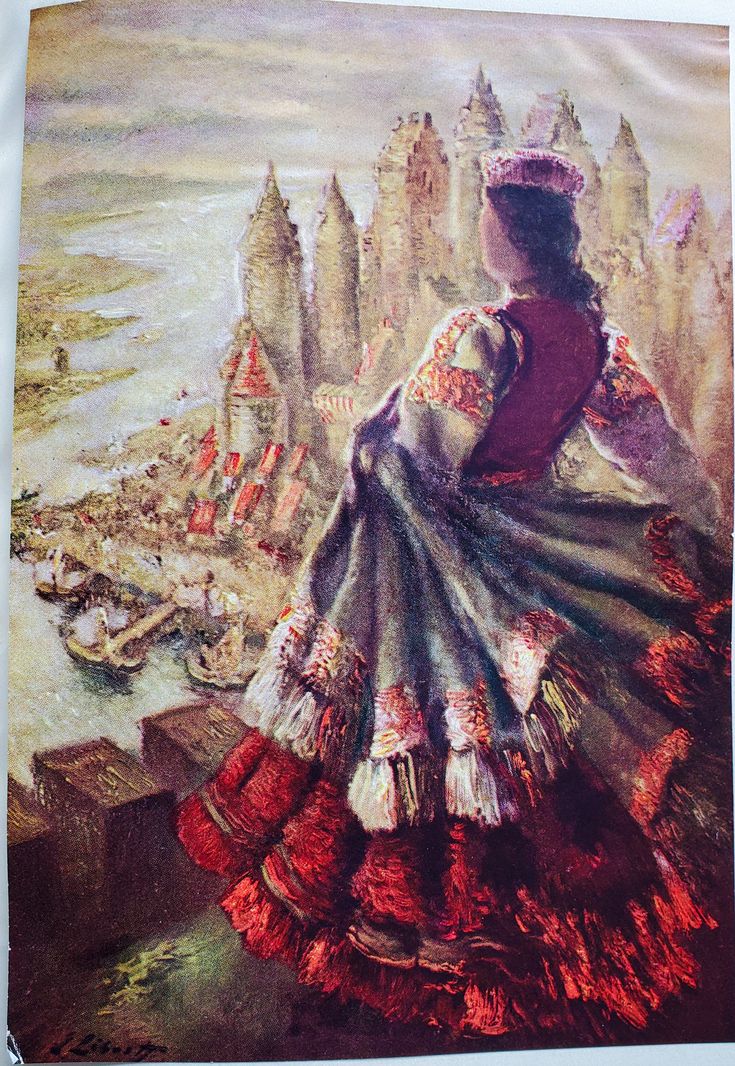 a painting of a woman standing on top of a cliff