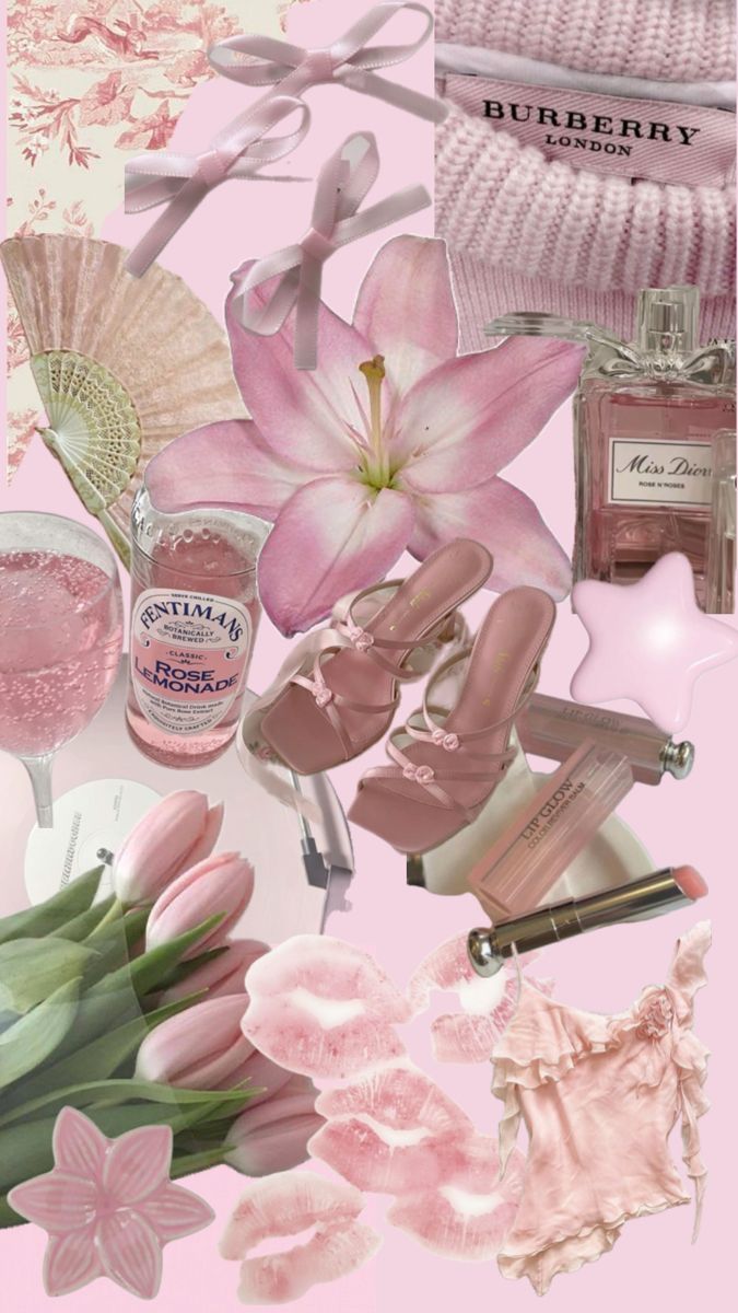 a collage of pink flowers, shoes and perfume bottles