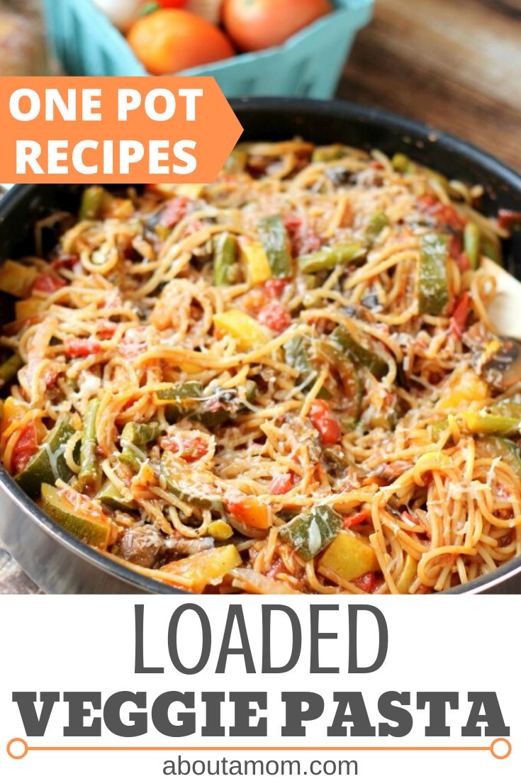 loaded veggie pasta in a skillet with text overlay