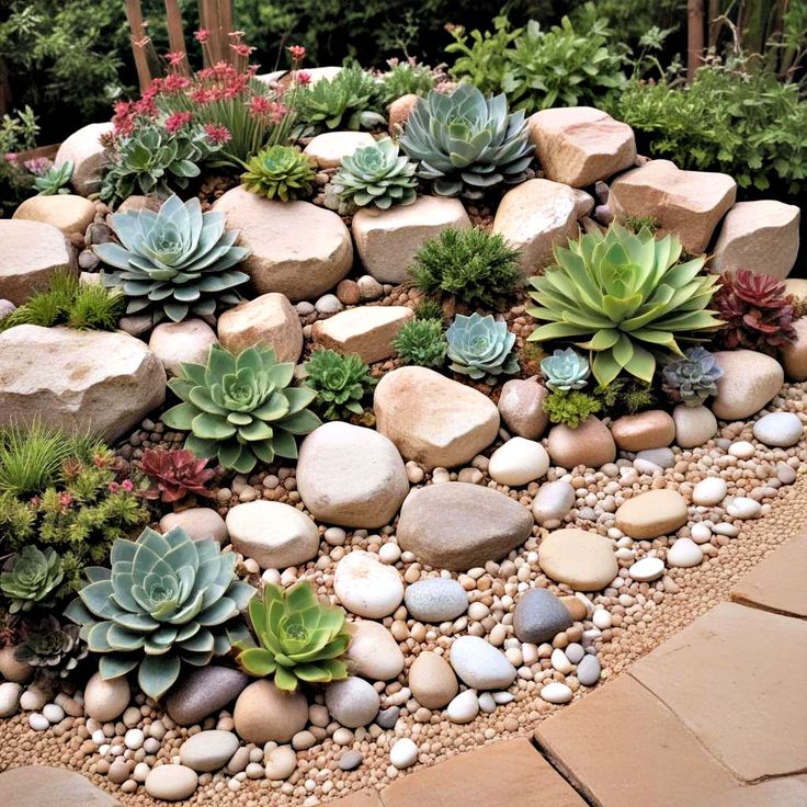 a rock garden with succulents and rocks in the center, along with gravel