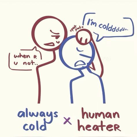 a drawing of two people talking to each other with speech bubbles above them that say, i'm cold and always x human heat