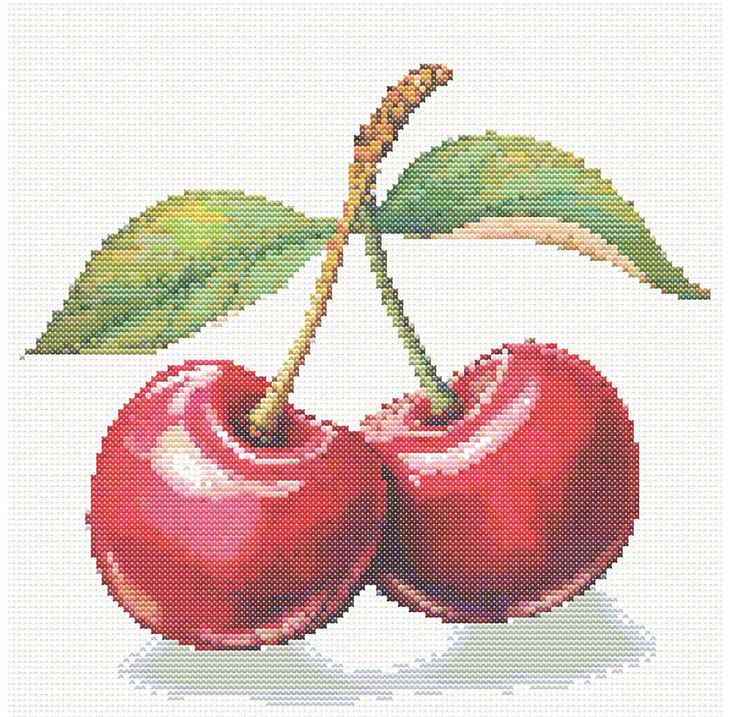 two cherries with green leaves on them