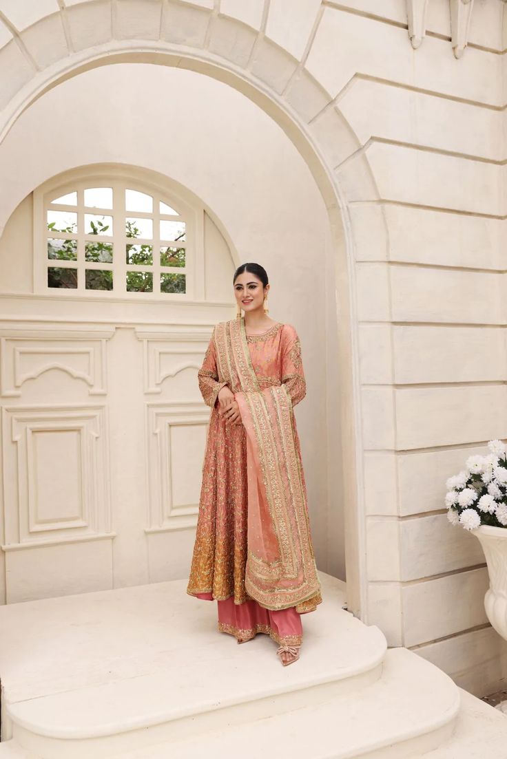 Gul Brocade | Aghanoor Bridal Peach Designer Traditional Wear With Resham Embroidery, Bollywood Style Peach Kurta With Dupatta, Aghanoor Bridal Collection, Peach Anarkali With Mirror Work, Traditional Peach Anarkali Set With Dabka Work, Peach Anarkali Set With Zari Work Straight Kurta, Peach Traditional Wear In Raw Silk With Resham Embroidery, Peach Raw Silk Traditional Wear With Resham Embroidery, Peach Resham Embroidered Raw Silk Traditional Wear