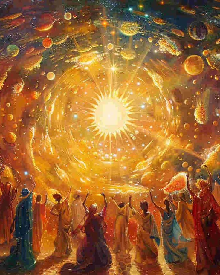 a painting of many people standing in front of a large sun surrounded by stars and planets