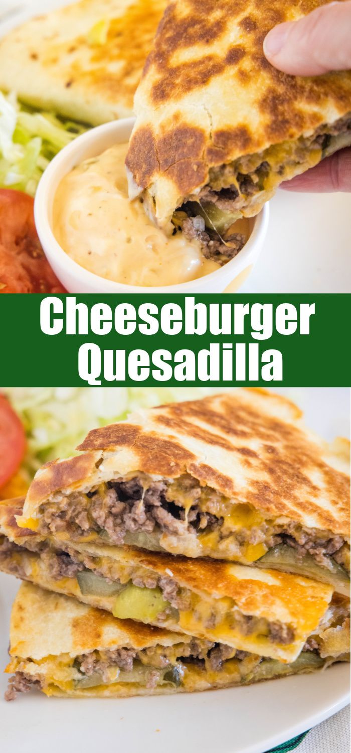 the cheeseburger quesadilla is cut in half and served on a plate