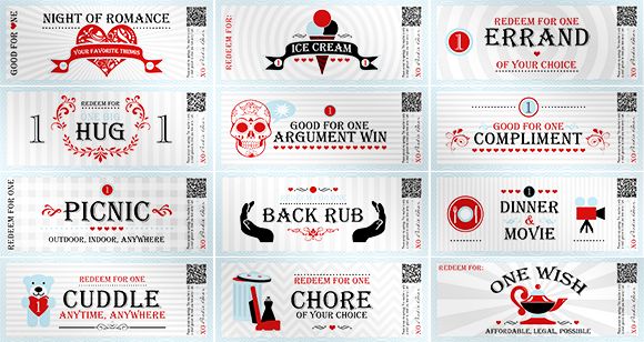 a bunch of different types of coupons on a white background with red and black lettering