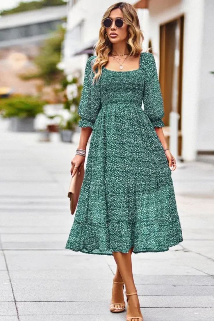 Chic Square Neck Dress, Chic Non-stretch Square Neck Dress, Casual Green Long Sleeve Maxi Dress, Casual Lantern Sleeve Midi Dress For Spring, Spring Casual Midi Dress With Lantern Sleeves, Casual Midi Dress With Lantern Sleeves For Spring, Spring Flowy Midi Dress With Lantern Sleeves, Bohemian Knee-length Non-stretch Midi Dress, Flowy Lantern Sleeve Summer Dresses