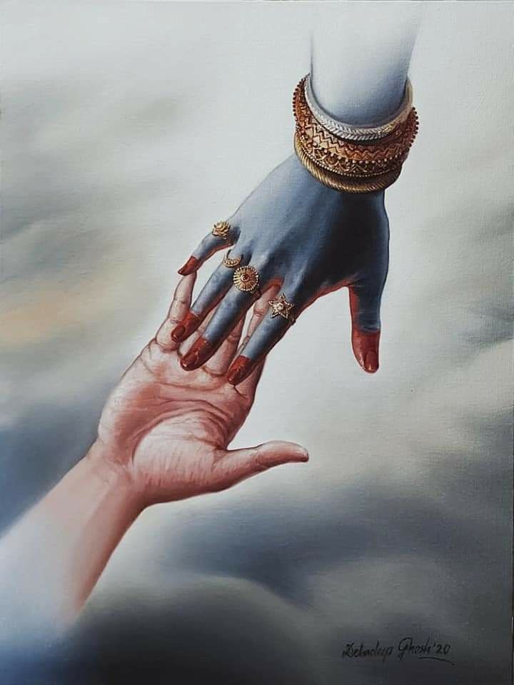 a painting of two hands reaching out to each other with rings on their fingertipss