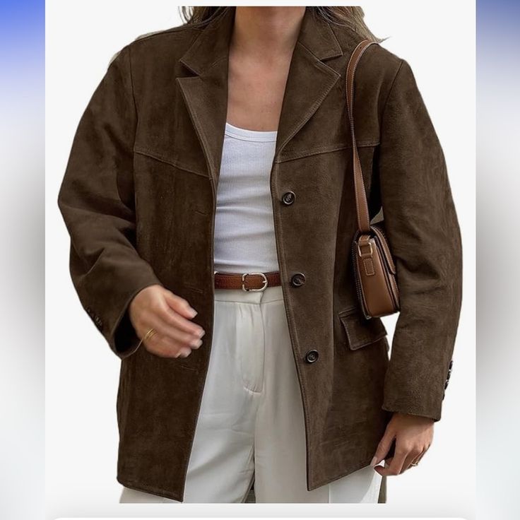 Purchased Accidentally On Amazon; Cannot Return And Didn’t Like On Me. So On Trend For Fall! Lightweight Faux Suede Classic Cut Elegant Brown Outerwear For Day Out, Brown Outerwear With Button Closure For Day Out, Vintage Fall Outerwear For Day Out, Suede Suit, Suede Jacket Women, Mode Mantel, Brown Faux Leather Jacket, Chique Outfits, Suede Blazer