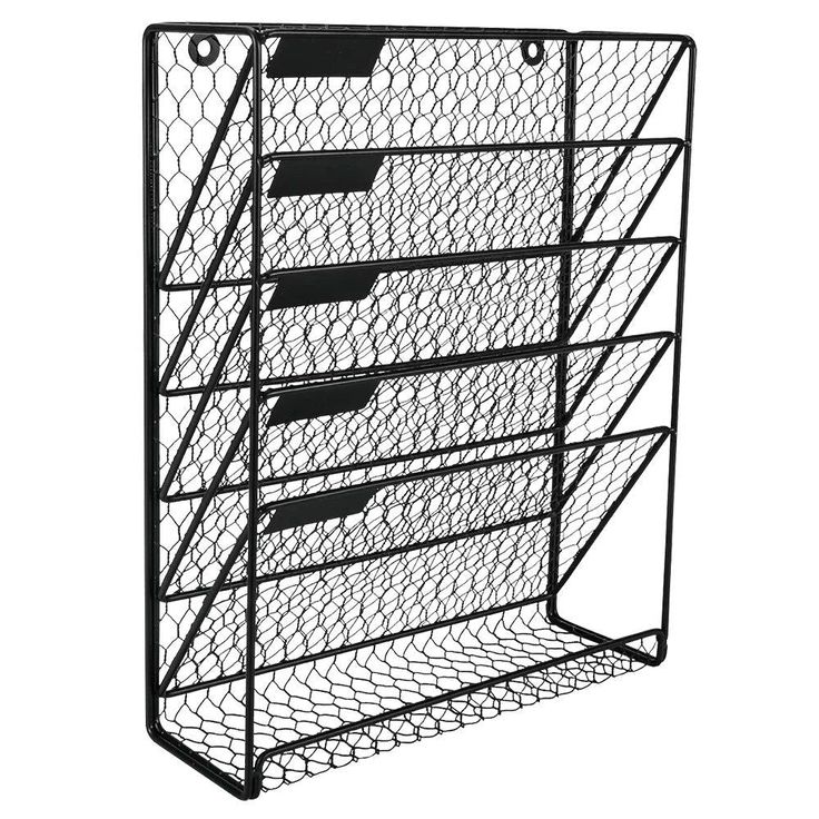 a metal wire mail holder with five compartments on the front and four drawers on the back