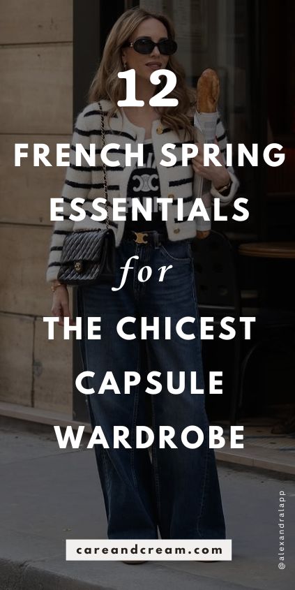 Elevate your French spring style with 12 French spring wardrobe essentials! These timeless French wardrobe basics for spring combine chic, classic French minimalist style with effortless Parisian chic. Build an aesthetic French capsule wardrobe full of essentials clothes for women and easily create stunning French spring outfits. French woman style, parisian style spring. Spring Outfits French, French Spring Style, French Spring Outfits, French Woman Style, Parisian Style Spring, French Wardrobe Essentials, French Minimalist Style, French Wardrobe Basics, Spring Fashion Aesthetic