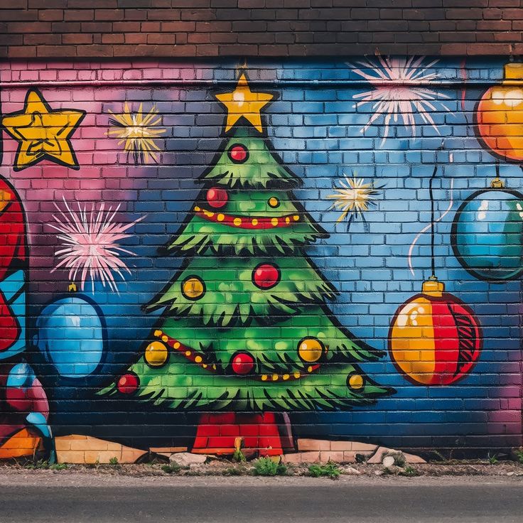 a christmas tree painted on the side of a brick wall next to a fire hydrant