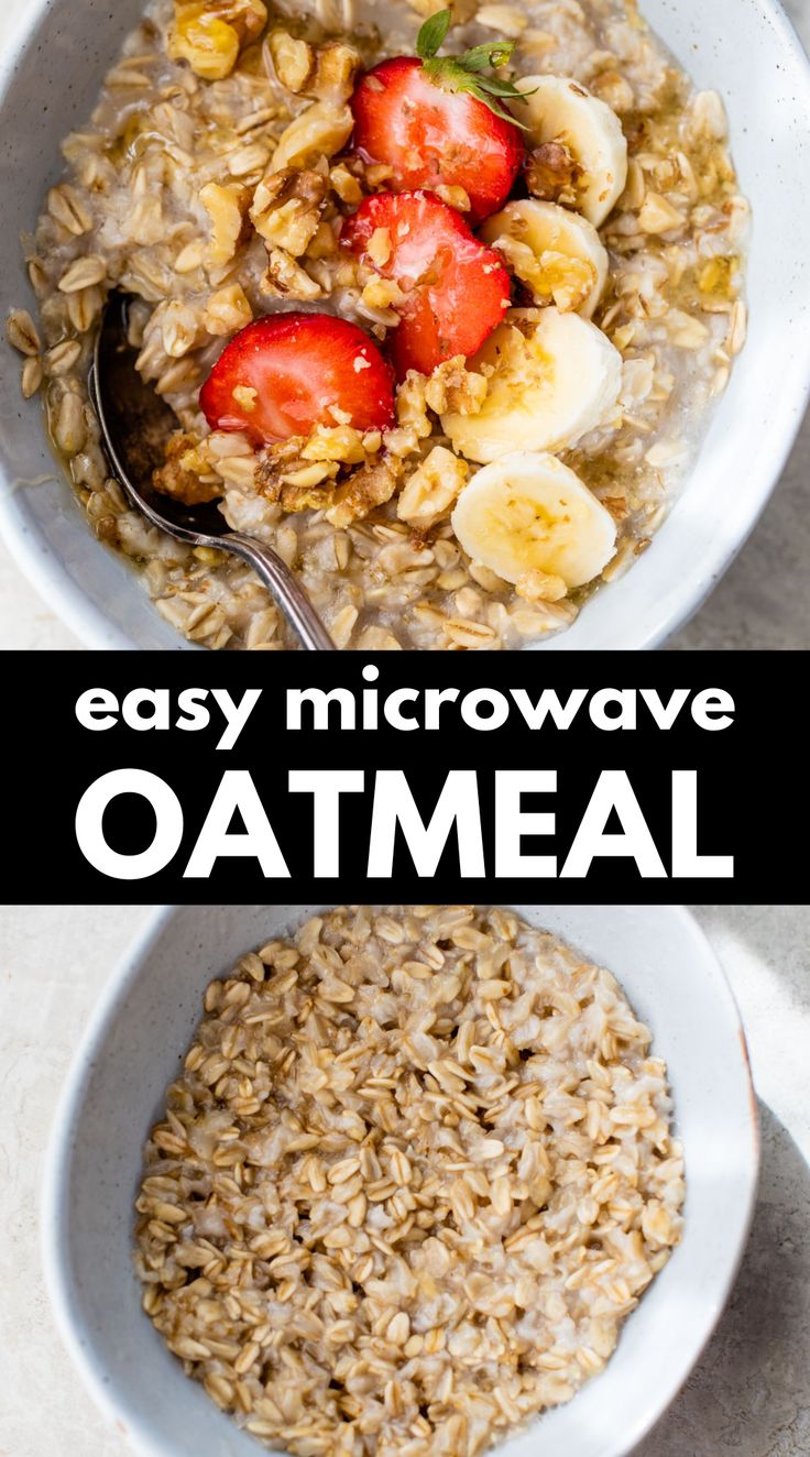 two bowls of oatmeal with strawberries and bananas