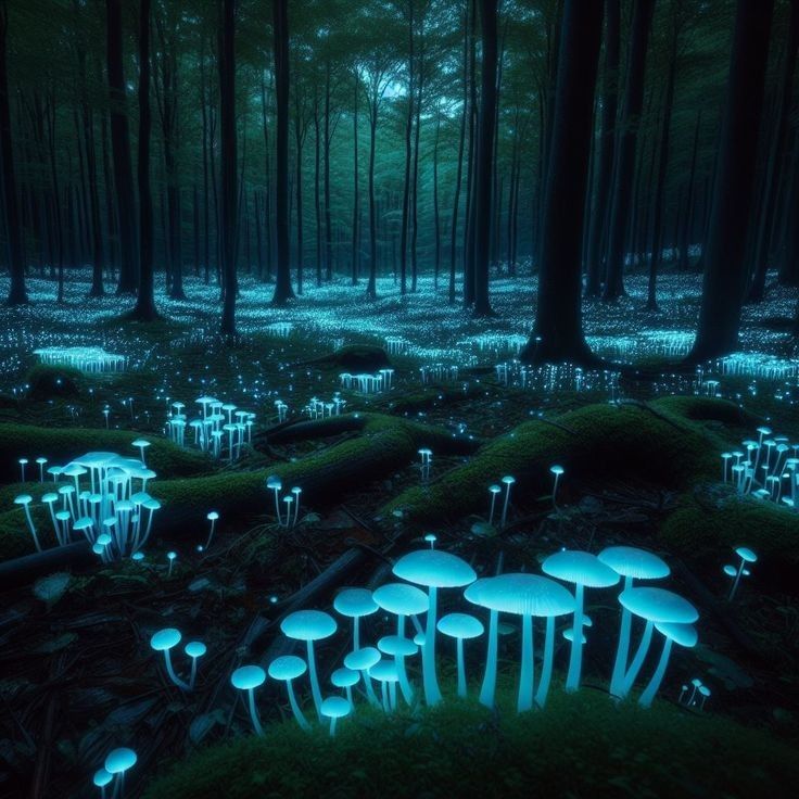 many glowing mushrooms in the forest at night with trees and grass on the ground, all lit up