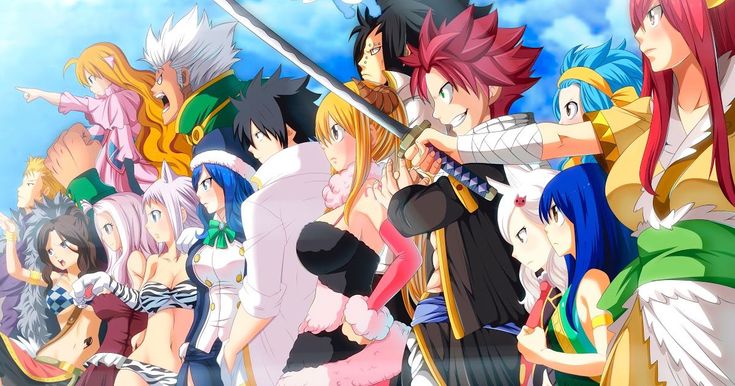 many anime characters are standing together with swords