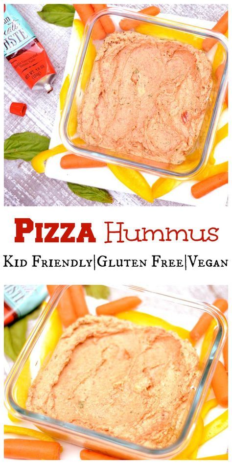 two pictures of pizza hummus with carrots on the side and an image of them in