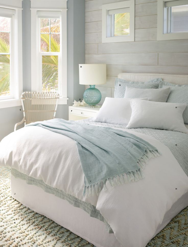 a bed with white linens and pillows in a bedroom next to two large windows