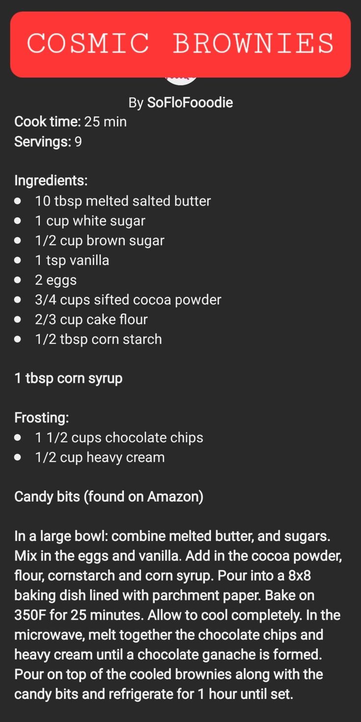 the recipe for cosmic brownies is shown in red and black, with instructions to make it