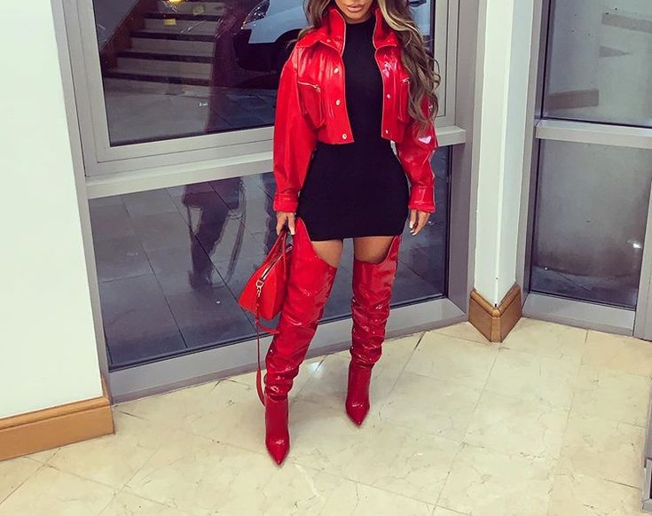 Red Shark Boots Outfit, Thigh High Leather Boots Outfit Winter, Knee High Red Boots Outfit, Black And Red Valentines Outfit, Red Heel Boots Outfit, Thigh Boots Outfit Night Out Baddie, Black Dress Red Boots, Red Heels Outfit Black Women, All Red Outfit Black Women