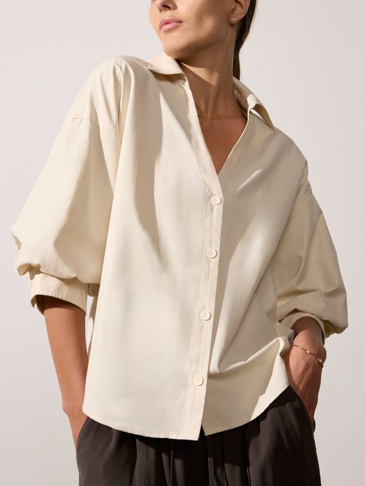 Brochu Walker | Women's Kate Shirt in Calico Classic V-neck Relaxed Fit Blouse, Fall V-neck Shirt With Button Closure, Classic Oversized V-neck Top, Lapel Collar Shirt With Button Cuffs For Daywear, Classic V-neck Blouse With Relaxed Fit, V-neck Blouson Sleeve Work Tops, Fall V-neck Top With Placket, Oversized Tops With Spread Collar In Solid Color, Oversized Classic Tops For Business Casual