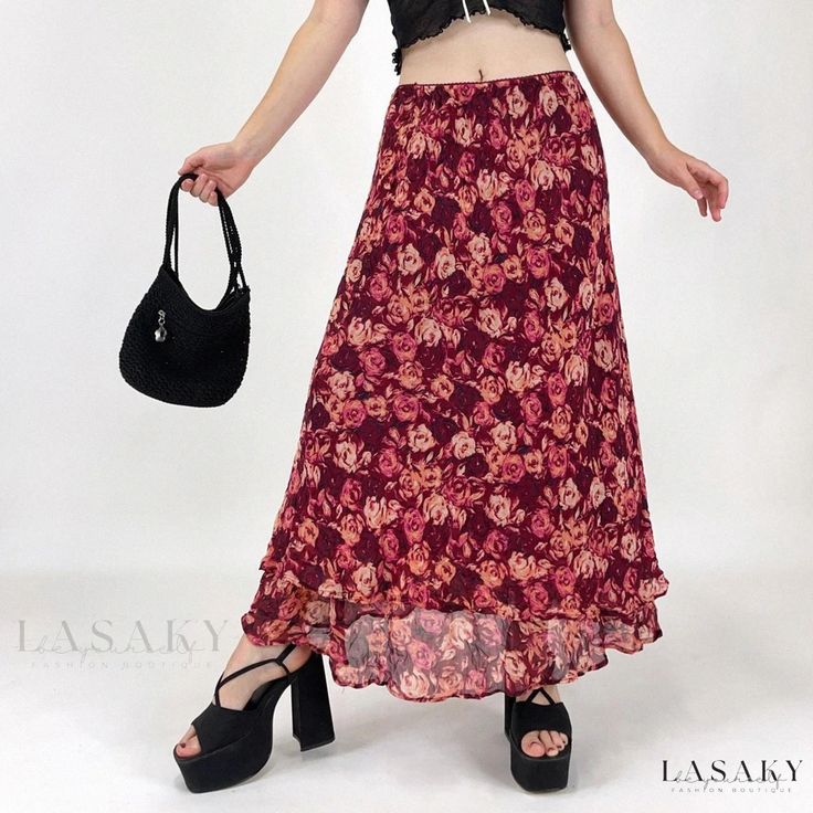 Lasaky - Statement Red Print Long Skirt Fairycore Grunge Aesthetic, Grunge Kawaii, Long Brown Skirt, Floral Print Maxi Skirt, Printed Long Skirt, Printed Maxi Skirts, Floral Print Skirt, Floral Print Maxi, Midi Skirts