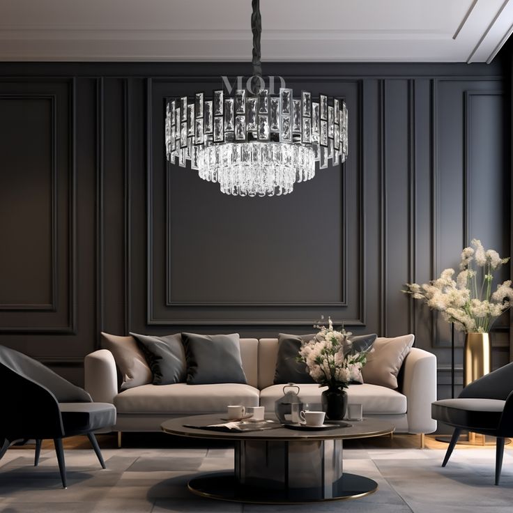 a living room filled with furniture and a chandelier