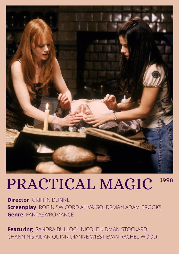 the poster for practical magic shows two women in front of a table with candles on it