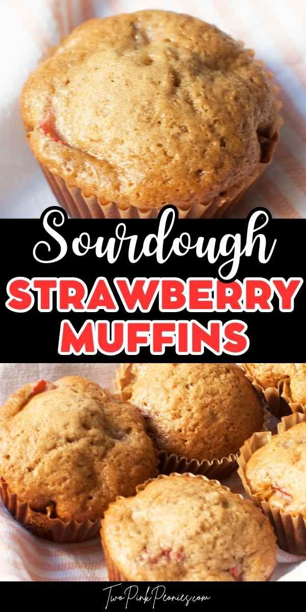 strawberry muffins with text overlay that reads, sourdough strawberry muffins