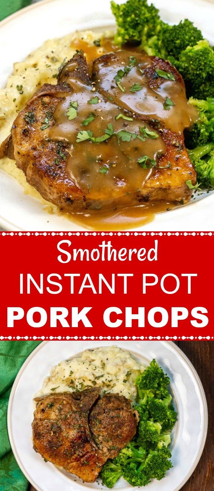 an image of pork chops with gravy and broccoli on the side