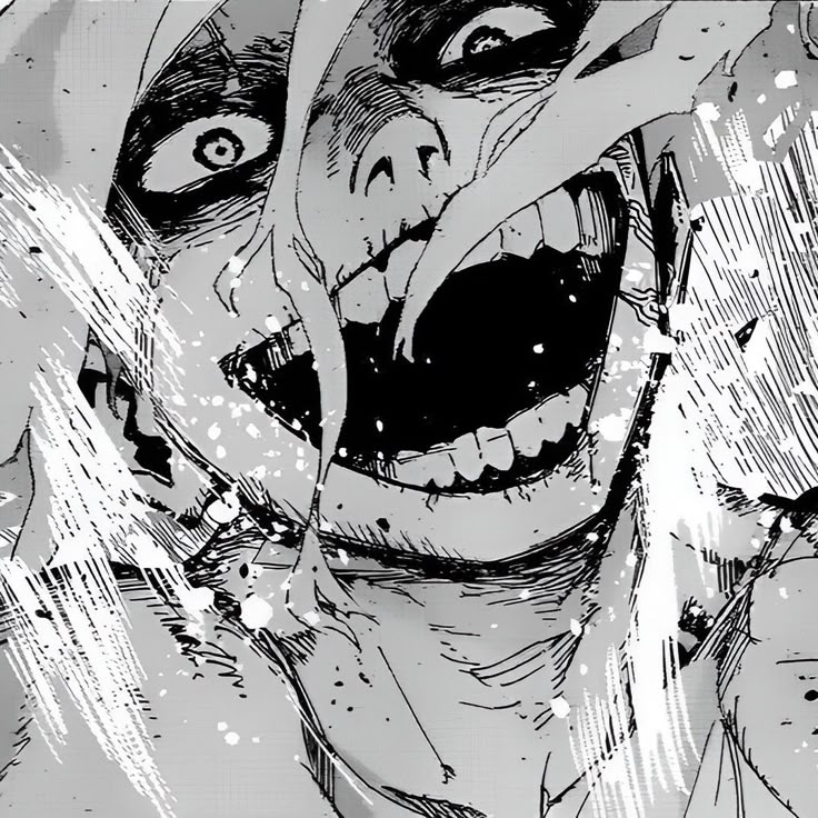 an image of a comic character with his mouth open and eyes wide open, in black and white