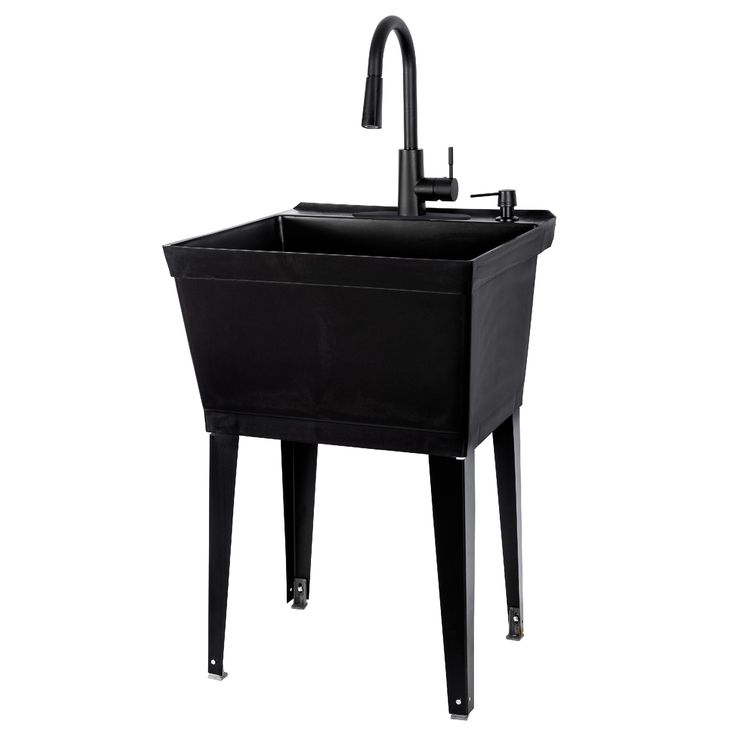 a black sink sitting on top of a metal stand next to a faucet