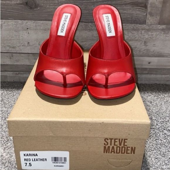 New - Excellent Condition Trendy Red Leather Sandals, Spring Leather Heels With Red Sole, Red Sandals With Reinforced Heel For Spring, Red Faux Leather Closed Toe Heels, Spring Red Sandals With Reinforced Heel, Trendy Red Sole Heels, Red Leather Sandals Medium Width, Red Leather Pointed Toe Sandals, Leather Sandals With Round Toe For Shopping