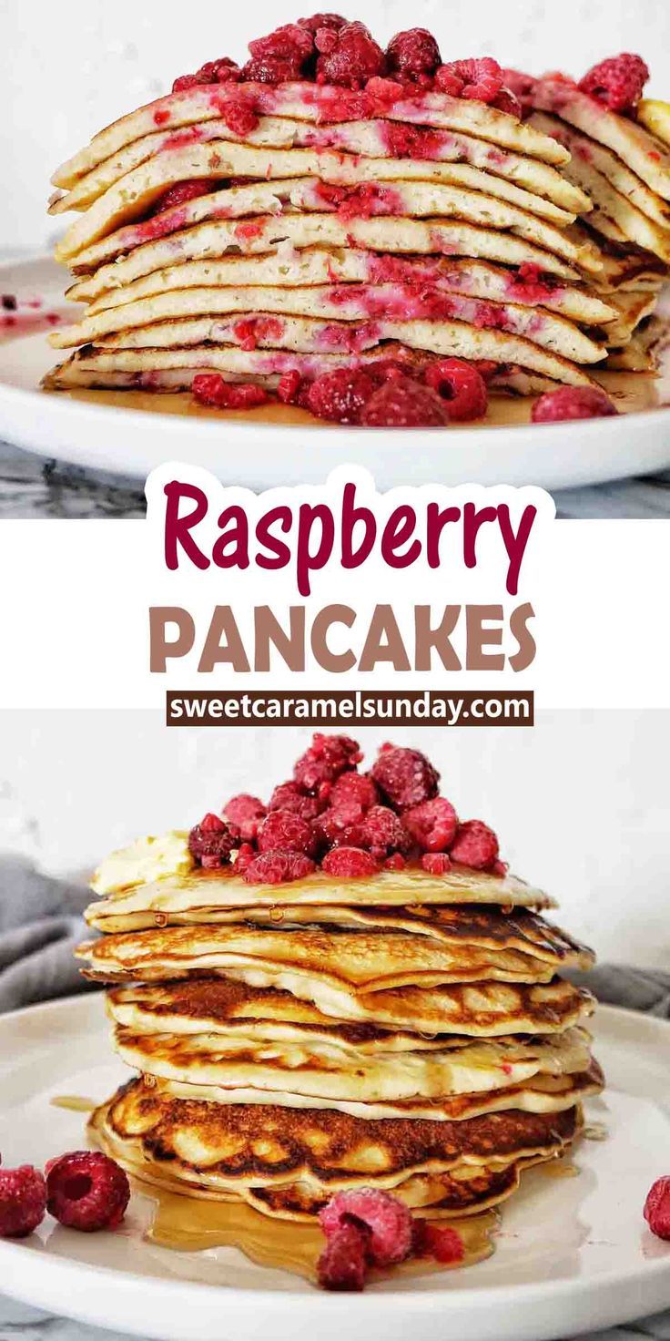 raspberry pancake is stacked on top of each other