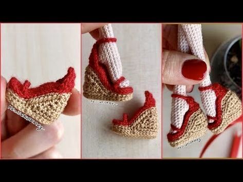 crocheted shoes are being displayed in three different pictures, one is red and the other is white