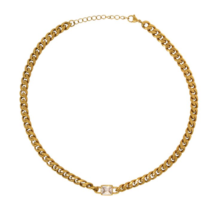 This stunning 18k-gold plated Cuban chain necklace is the perfect accessory to complete any look! It features a sparkling cubic zirconia charm that adds a touch of glamour and sophistication. The high-quality Cuban link chain is crafted to stand out. The Emily Necklace is perfect for understated elegance. Length: 16" + 2" extension Weight: 1.6 oz. Closure: Lobster claw Materials: 18K gold plated stainless steel & CZ or Emerald stone Allergy Information: Hypoallergenic *Hypoallergenic metals are Elegant Gold-plated Cuban Link Necklace With Chunky Chain, Luxury 14k Gold Tarnish-resistant Cuban Link Necklace, Luxury Gold-plated Cuban Link Necklace As Gift, Classic Tarnish-resistant Yellow Gold Cuban Link Necklace, Luxury Gold-plated Tarnish-resistant Cuban Link Necklace, Top Jewelry Trends, Cuban Link, Cuban Link Chain, Cuban Chain