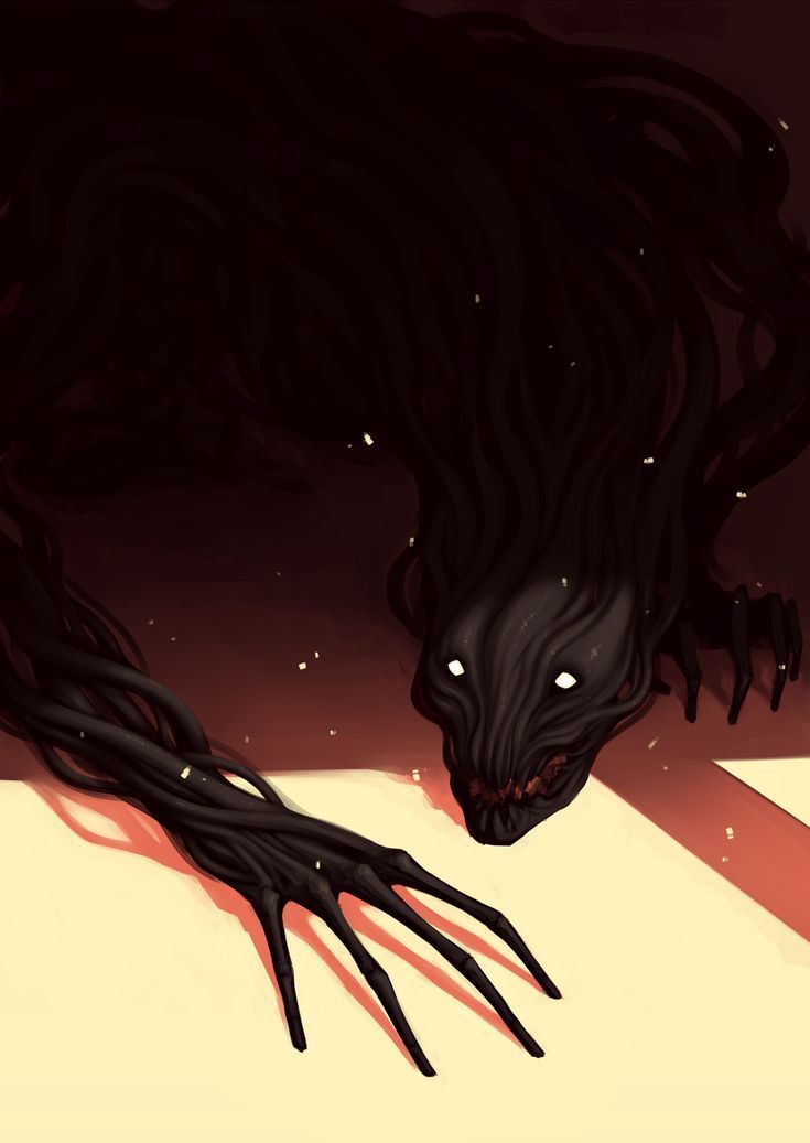 an alien creature with long black hair and claws