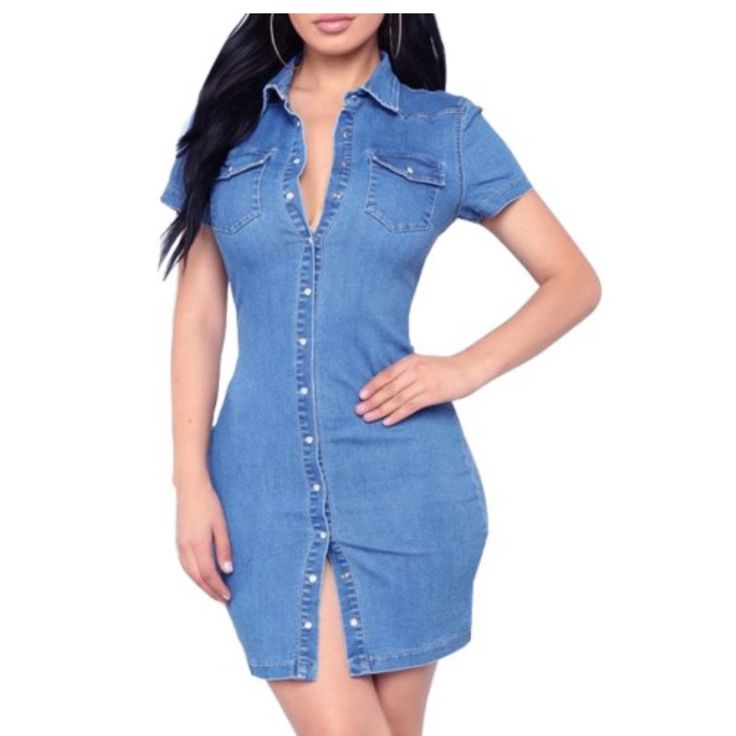 Sexy Button Up Blue Denim Bodycon Dress Fitted V-neck Denim Dress With Buttons, Casual Denim Blue Dress For Club, Fitted Blue Denim Dress For Club, Casual Slim Fit Mini Dress For Date Night, Casual Denim Dress For Club, Casual Denim Club Dress, Blue Denim Club Dress, Fitted Denim Mini Dress For Club, Chic Fitted Denim Dress For Club