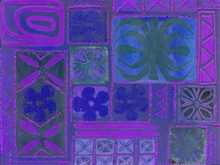 an abstract painting with blue, purple and green designs on it's sides in squares