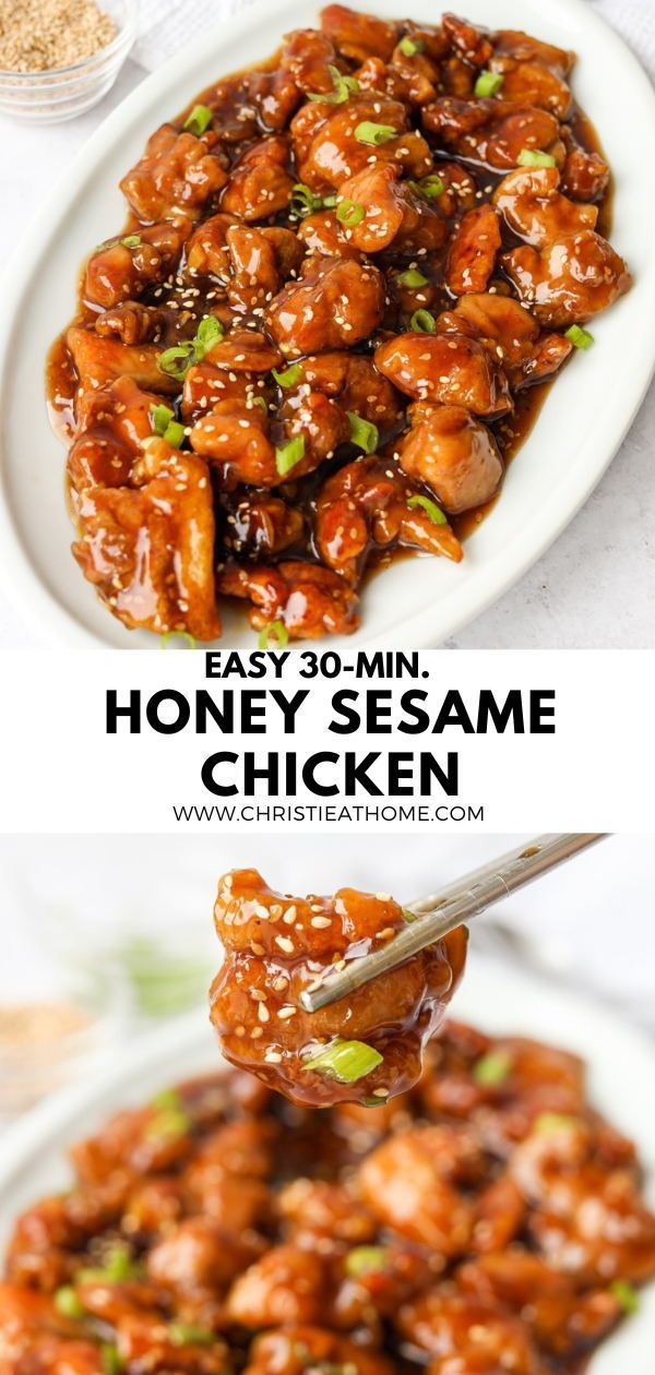 honey sesame chicken on a white plate with chopsticks in the foreground and an easy 30 minute honey sesame chicken recipe