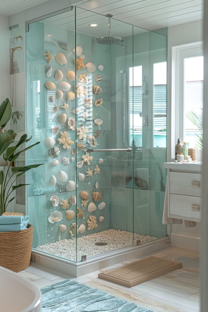 a bathroom with a glass shower door and sea shells on the wall