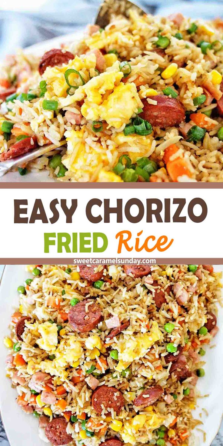 fried rice with ham and vegetables in a white bowl on a blue tablecloth next to the words easy chorizo fried rice