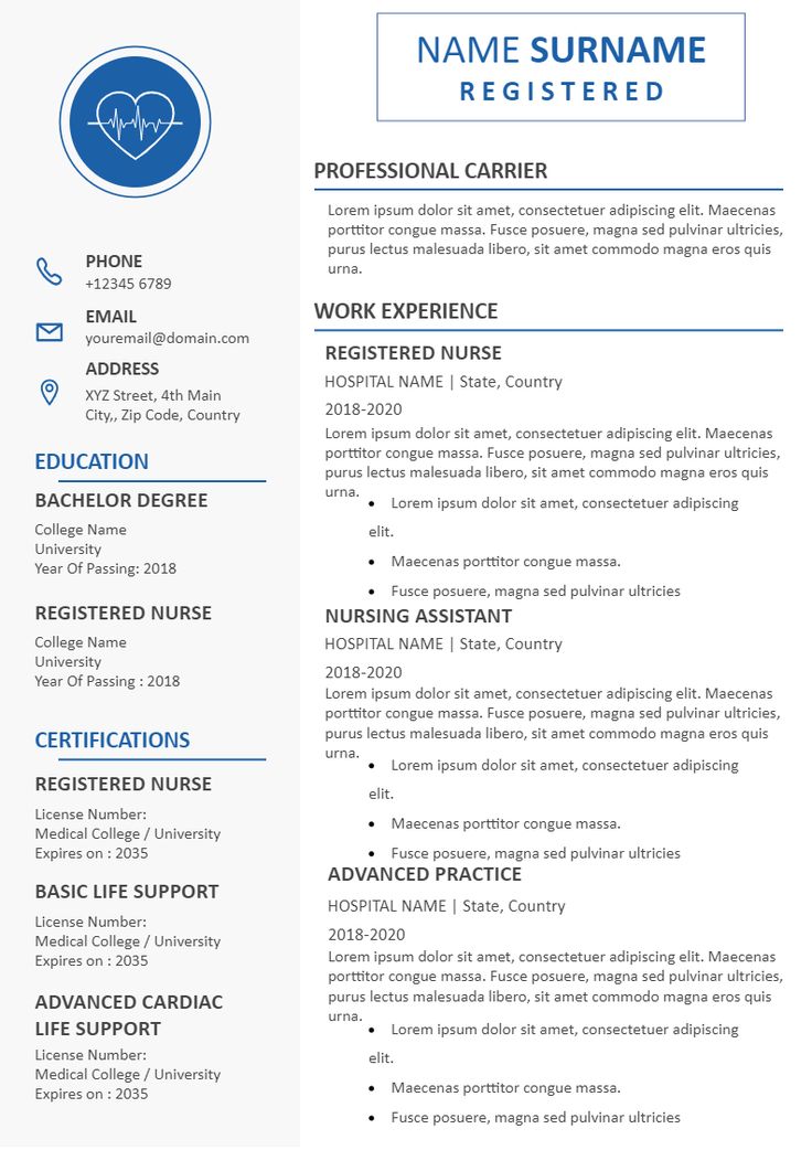 a blue and white resume template with an image of a nurse's name on it